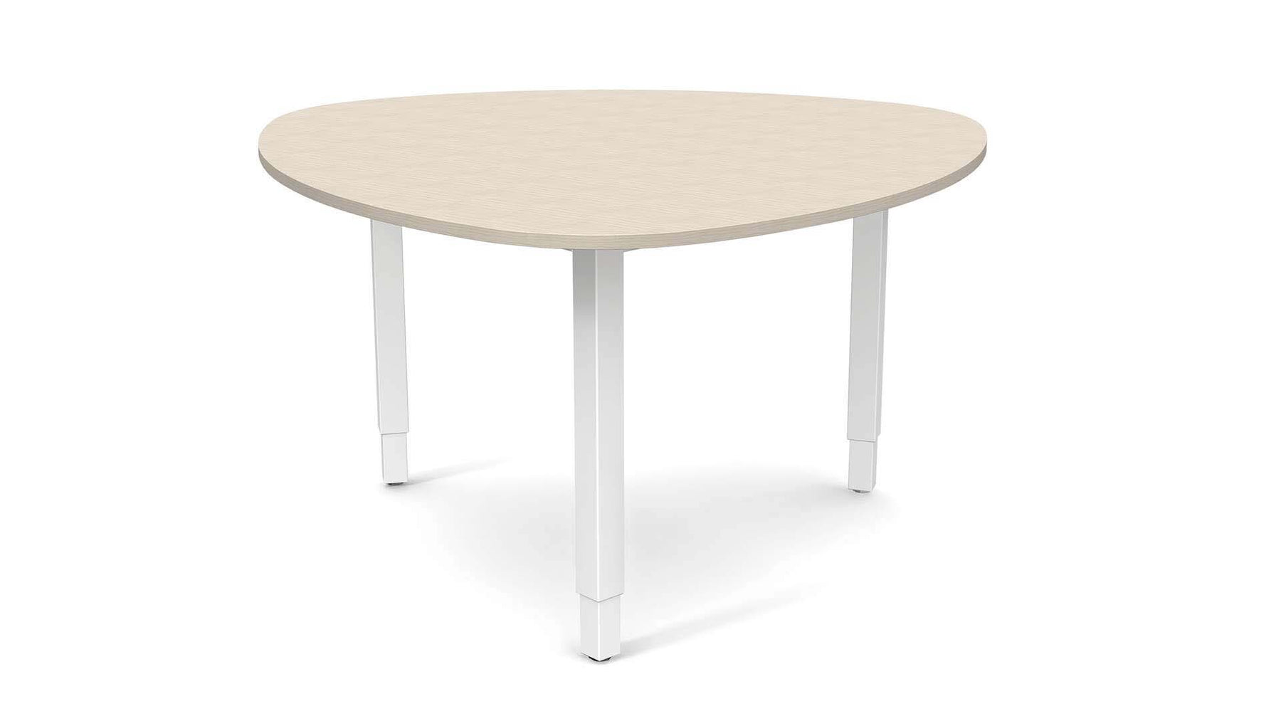 matbord vit ljust trä och vitt stativ, är höj och sänkbart för ergonomisk arbetsställning.