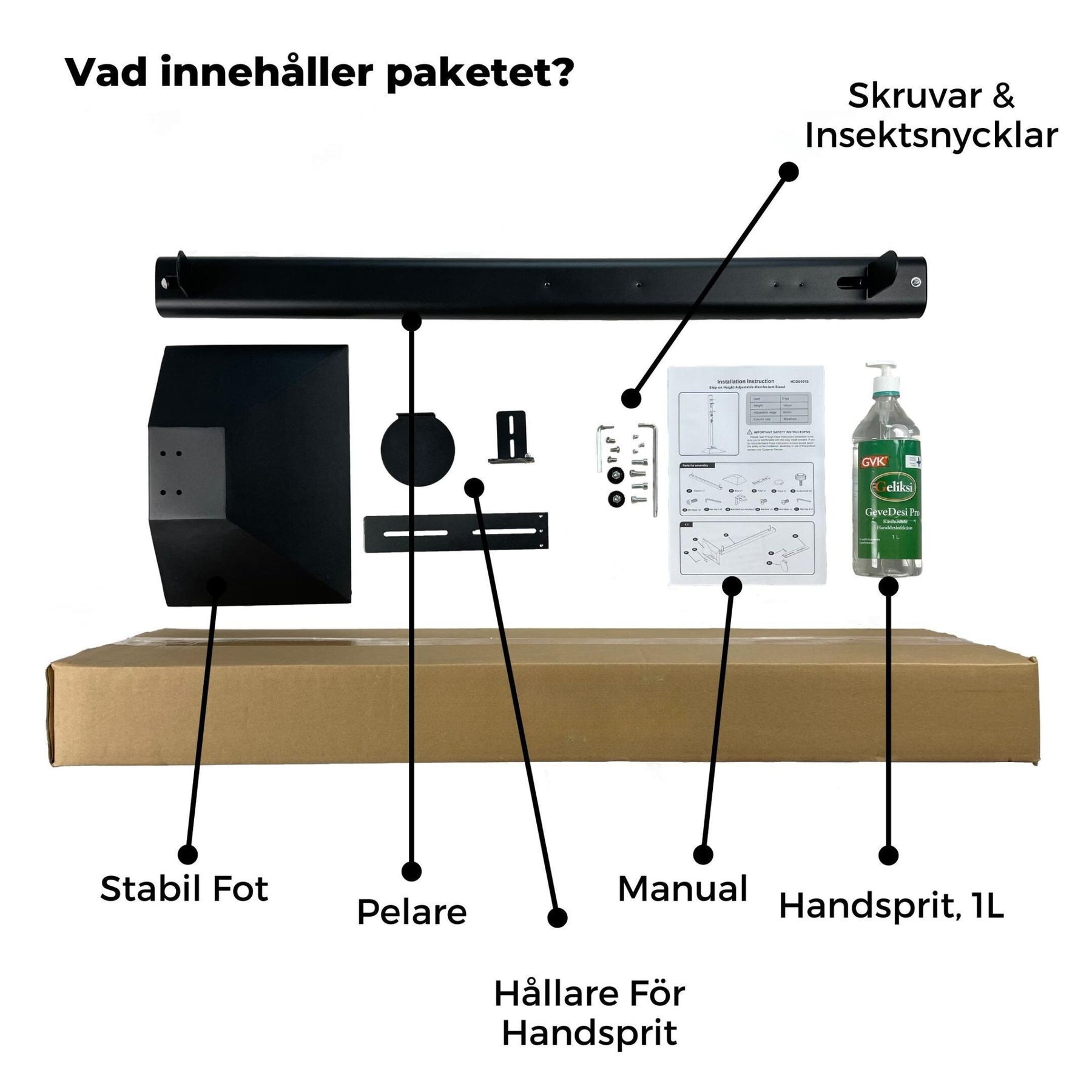 Hygienestativ Sort Med Fotpedal + 1 Liter Håndsprit